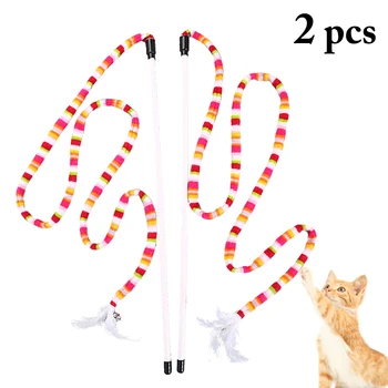 2 елемента. Интерактивна забавна играчка за игра с коте, на Лента камбанка, Пръчка-закачка за котки, Многоцветни пера за котки, играчки за котки
