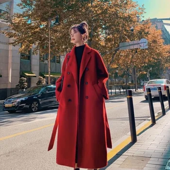 2023, Зимна тренч за жени, Елегантен модерен Корейското ежедневното палто от дебела вълна, Червена дълга яке дантела, Черно дамско палто