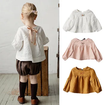 2023 Летни Нови памучни тениски с бродерия за малки момичета, детска блуза в стил Лолита