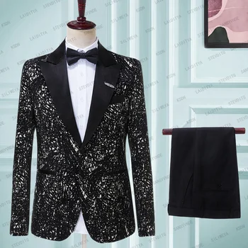 2023 Нов сако, палто, мъжки костюми, сватбена рокля с флорални принтом, комплект от 2 теми, мъжки луксозен Черен жакард (яке + панталон)