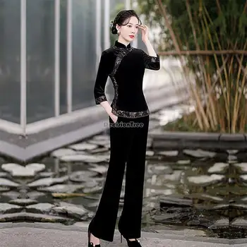 2023 супериорна китайски ретро костюм рокля tang, комплект от две части, нови кадифени есенни широки панталони с къс ръкав, комплект от две части, s771