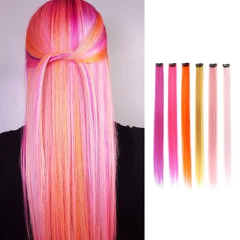 22 инча 6 бр./компл. Многоцветни синтетични права коса в стил Y2K, прекрасни розови кичури, фиба за изграждане на парти, на cosplay