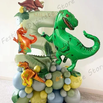 34шт балони с динозавром в стил джунглата с 32-инчов набор от топки с номера за момчета 1, 2, 3, 4, 5, 6, 7 години На рожден Ден на Декор за парти в чест на рождения Ден на детето