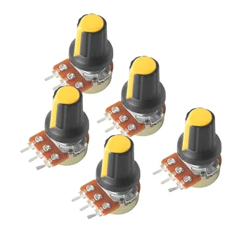 5 комплекта Линейно Бутам Конично Потенциометъра WH148 с Променливи Резистори 3Pin 1K-1M Ω 15 мм Вал с Жълти Дръжки AG2, Гайки и Шайби