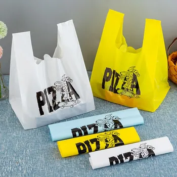 50 бр. Найлонова торбичка за пица, десерта за вкъщи, подаръчни торбички за пазаруване в супермаркета с дръжка, пакет за опаковане на хранителни продукти