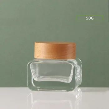 50 г прозрачна стъклена банка с дървен капак, лидице банка за дневен и нощен крем, копър серум за очи / хидратиращи маска за лице, гел / восъчна основа за грижа за кожата опаковка