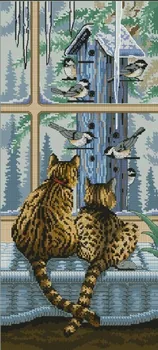 Amishop Безплатна Доставка Висококачествен Популярен Комплект За Бродерия На Кръстат Бод Cats Watch Window Birds Вие Сте Тук Дим 03887