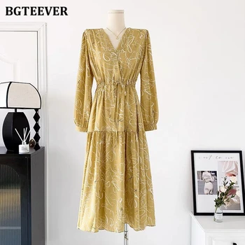 BGTEEVER, една модерна женствена рокля трапецовидна форма с V-образно деколте, тънка талия, дантела, Пролет-есен, стилна рокля Миди с дълъг ръкав и принтом за жени