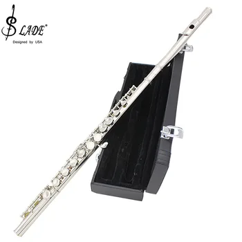 C-образна флейта SLADE с 16 дупки Затворена Отворена Концерт на флейта от мелхиор със сребърно покритие с чекмедже за електронни ключове, Кърпа за почистване, Ръкавици, Започват Детайли