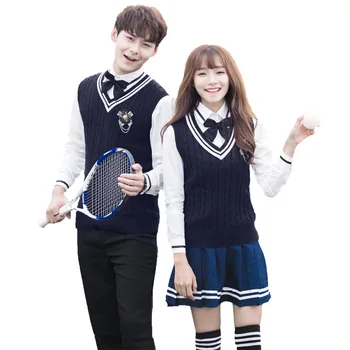 C048 Училищни униформи за учениците в началното и средното училище, пролетно корейската версия вязаного пуловери-жилетка в стил колеж