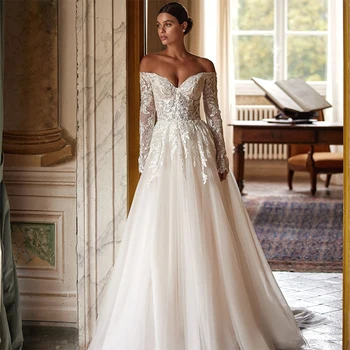 Eightree Елегантни сватбени рокли трапецовидна форма с открити рамене и аппликацией с дълъг ръкав на сватбена рокля в стил бохо, рокли за абитуриентски бал, индивидуален размер