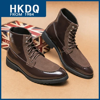 HKDQ/ Модни обувки с висок берцем дантела, стилни мъжки ботильоны от лачена кожа с остри пръсти, модерен мъжки кафяви обувки за комуникация