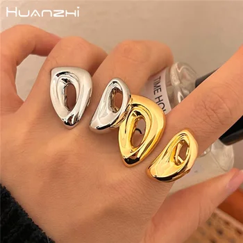 HUANZHI, Кух метален гладко нарушения на сърдечния отворено огромен пръстен за жени, Модерно Регулируема за момичета, Творчески Ретро бижута подарък 2024