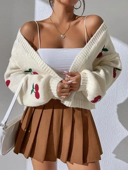 MALCIKLO, Женски свободен пуловер с отворена предна част, жилетка с черешова бродерия, фенер, съкратен пуловер с дълъг ръкав, яке