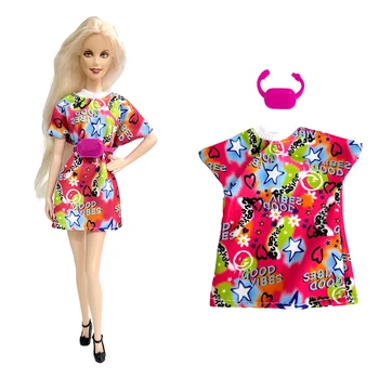 NK 1 бр. модерни дрехи за кукли със звездна картина + сладка розова чанта за аксесоари за Барби кукли, детски играчки