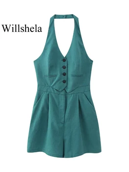 Willshela/ дамски модни зелени однобортные тела с отворен гръб, реколта женски тела, с цип отпред, шикозни дамски гащеризони за дами