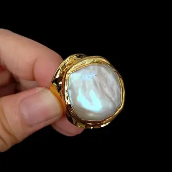 Y · ИНГ Култивирани Бели перли в стил барок, позлатените пръстен на пръста си, Регулируеми пръстени за жени, бижута