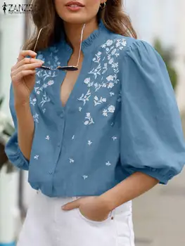 ZANZEA Риза с наполовина по-буйни ръкав и яка-часова, Женски Празници, ризи, Лято 2023, Реколта блуза с бродерия на цветя, Ежедневни блузи-ризи