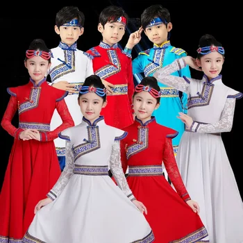 Бебешка рокля за монголски танци, китайската традиционна народна пола за момичета, национален стил, тибетски древна етническа танцови