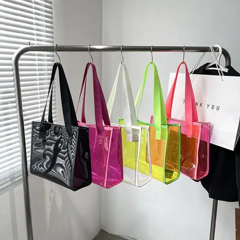 Бистра Желейная чанта, изработена от PVC, дамски чанти-тоут цвят карамел, по-Голямата голям Пазарска чанта, ежедневна чанта за съхранение на летен плаж 2023 година.