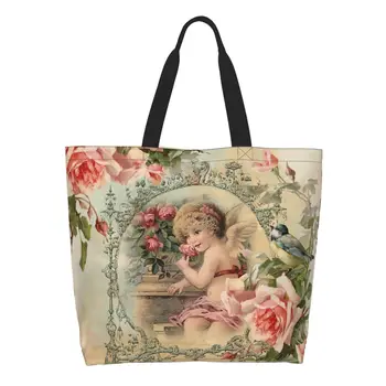 Виктория, ангел, Реколта чанта за пазаруване с рози, сладко холщовая чанта-тоут с принтом, по-голямата голям здрава чанта
