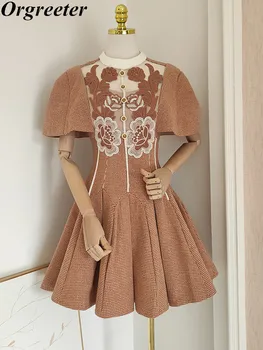 Висококачествени мини рокли от винтажного твида по поръчка за жени, есен вечерна рокля в стил мозайка от мрежата с цветна бродерия и ръкав-нос