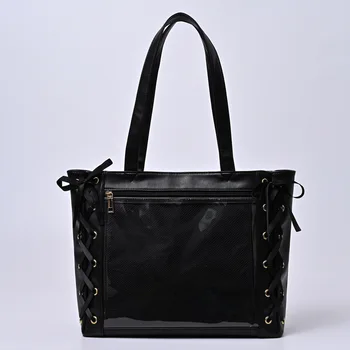 Голяма чанта голям-тоут с панделка и лък в японски стил, однотонная пазарска чанта от изкуствена кожа, прозрачна торба от PVC, Начало Femme 2023