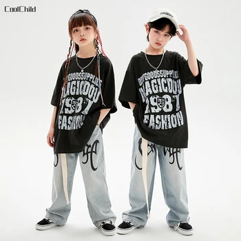 Градинска дрехи за момчета, свободни тениски с принтом за улични танци, Дънки, комплекти, дрехи в стил хип-хоп за момичета, детски джаз дънкови панталони, юношески костюми