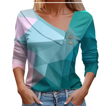Дамски Пролетно-есенна тениска с дълги ръкави И Диагонал яка, копчета, Модни и Ежедневни тениска с геометричен Цветен блок и принтом