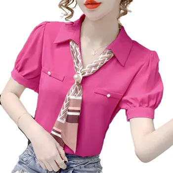 Дамски пролетно-летни блузи, ризи, дамски модни ежедневни блузи с къс ръкав и отложным яка, обикновена блуза с равен брой гласове, G2126