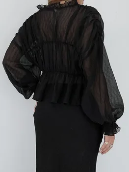 Дамски пролетно-летни прозрачни блузи с дълъг ръкав и V-образно деколте, обикновена тениска с рюшами