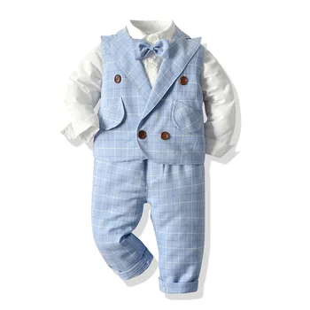 Детски дрехи, дрехи пролет жилетка в британската клетка, памучен риза с дълъг ръкав и ревери, панталони за момчета, комплект от три елемента