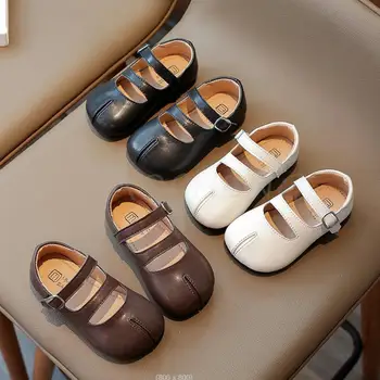 Детски кожени обувки, модерни обувки на плоска подметка от лачена кожа за момичета, черно-бели реколта училищни обувки на принцесата за деца 21-30 години