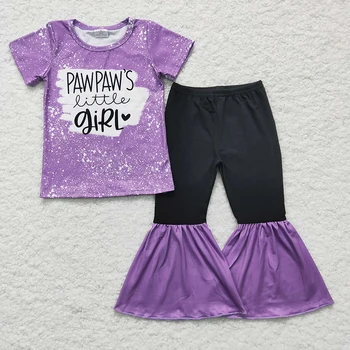 Дрешки за момиченце от Pawpaw's Лилава тениска с къс ръкав, Памучни разкроена панталони за деца на Едро, Детски комплект