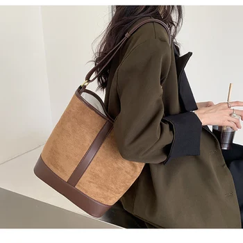Ежедневни дамски чанти-кофа, чантата, чанти есен/зима, голям голям чанта на едно рамо, прости велур простроченные чанти под мишниците