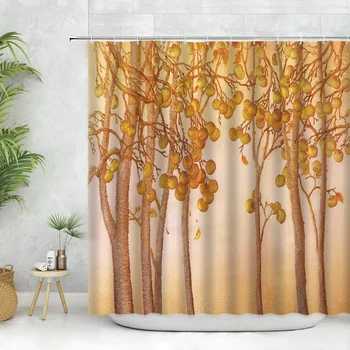 Есенен комплект завеси за душ Есента Гората Orange Акварел Ствола на дървото Реколтата от Плодове Начало Декор Завеси за баня от полиэстеровой тъкан