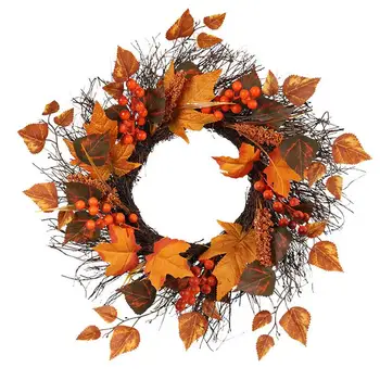 Есента врата венец, селска къща, Кленов листа, Есенни венци на открито, Прекрасни реалистични Цветни есенни декорации за венци на есен