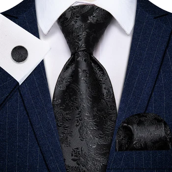 Жаккардовый Черна мъжка вратовръзка на цветчета с носовым шал, Комплект копчета за ръкавели за мъже, Офис, Бизнес парти, Сватба, Луксозна копринена вратовръзка 8 СМ