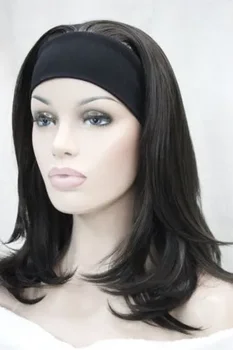 Жена перука 3/4 инча с превръзка на главата, дълга тъмно-кафяв полупарик с прави вълнообразни краища