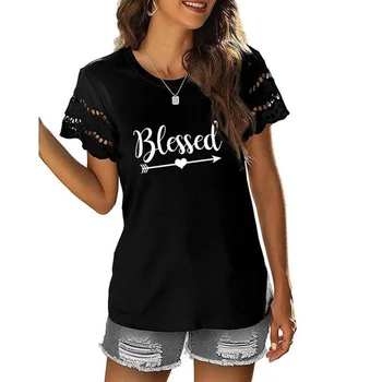 Женска тениска Blessed Measure, естетически върхове в стил харадзюку, лейси ежедневни тениска, Дамски дрехи с къс ръкав и кръгло деколте.