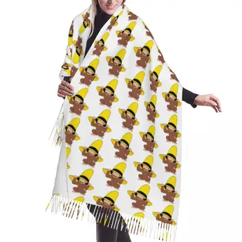 Забавен шал с любопитна маймуна Джордж, дамски Дългата зимна топла шал с пискюли, Модерни, Универсални шалове Унисекс