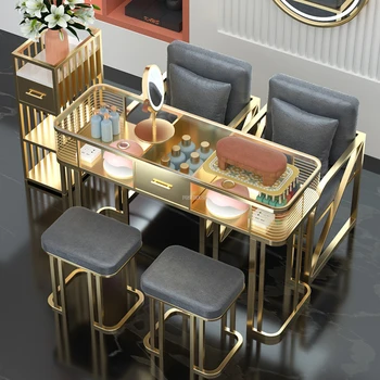 Италиански леки Луксозни Стъклени маникюр маси Златист цвят, с чекмедже, маникюр маси Модерна салонная мебел, маса и стол за салон за красота