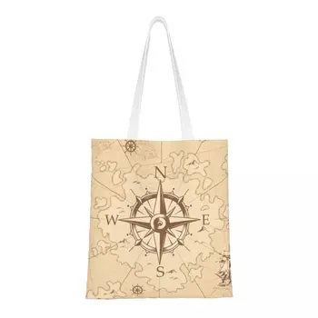 Карта на Пират, чанта за пазаруване на хранителни стоки, холщовые чанти за пазаруване, чанта през рамо, с голям капацитет, морски компас, чанта моряк
