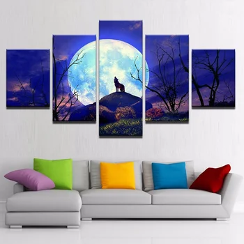 Картина с изображение на Вълк на Пълнолуние, Нощен гора, 5 части, HD Щампи, модерен платно, плакат за всекидневната, стенно изкуство, живопис за домашен декор
