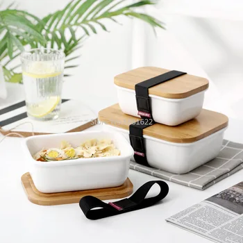 Керамични правоъгълна кутия за съхранение на пресни продукти в японски стил, купа за съхранение на пресни продукти, кутия за съхранение в хладилник, за обяд, кутия с капак