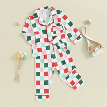 Комплект Пижам за малки момчета и момичета, Есенно-зимни дрехи в клетката, Детска риза с дълъг ръкав, копчета, Пижами за панталони, Пижами
