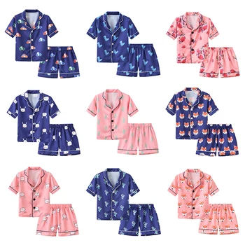 Комплект детски пижам, Копринени сатен пижами за момчета и момичета, пижама с принтом Мечка, Къса блуза, Потник + Шорти, бельо и пижами