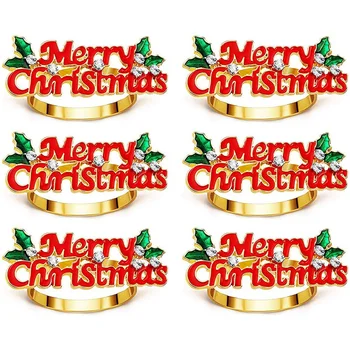 Комплект от 6 коледните пръстени за салфетки, червен пръстен за салфетки Весела Коледа, държач за кърпички за коледно парти, декорация на обедната маса