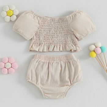 Комплект шорти за малки момичета, сладък плиссированный топ с къс ръкав за новородено, къси панталони с еластичен ластик на талията, летни дрехи за бебета