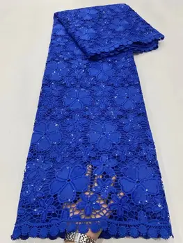 Кралското синьо Африканска лейси плат с пайети 2021 Висококачествена Френска Лейси Плат Нигерийски Тюл Дантелен Плат за сватба